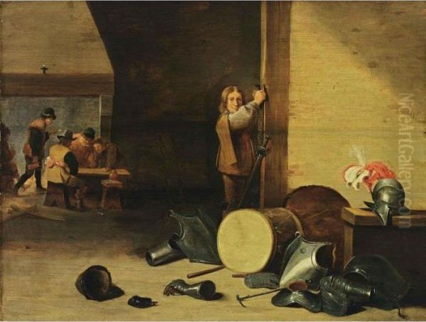 An Interior With A Soldier 
Laying Off His Sword And Figures Drinking, Smoking And Playing Dice Near
 A Fire Place, With A Still Life Of Soldiers Garments Oil Painting by David The Younger Teniers