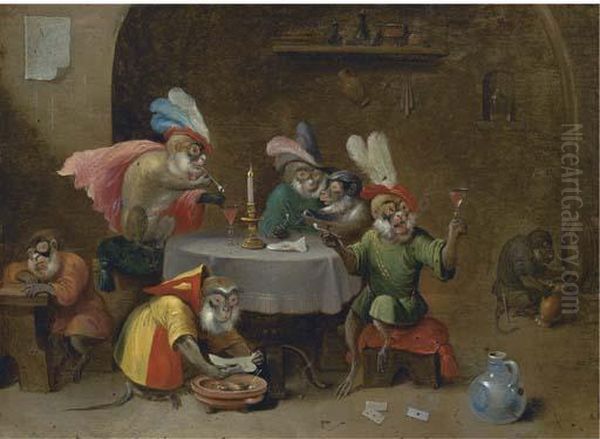 A Tavern Interior With Monkeys Drinking And Smoking Oil Painting by David The Younger Teniers