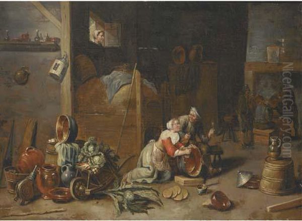 An Interior With A Maid 
Scourging A Pan And Talking To A Boor, With Other Peasants Smoking And 
Drinking Beyond Oil Painting by David The Younger Teniers