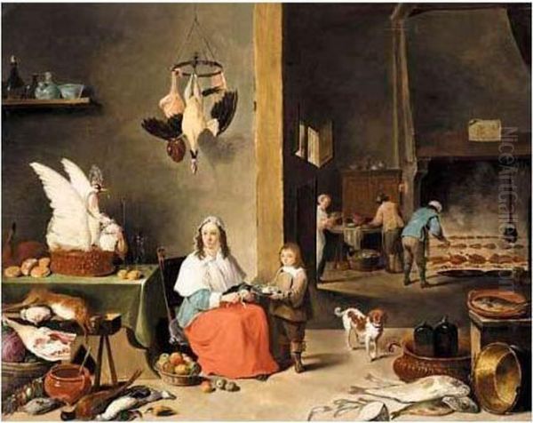 A Kitchen Interior With A Woman Peeling Fruit And Figures Cooking Over A Fire Beyond Oil Painting by David The Younger Teniers