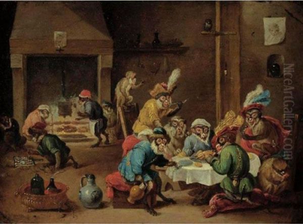 Interior With Monkeys Seated Around A Table, Others In The Background Oil Painting by David The Younger Teniers