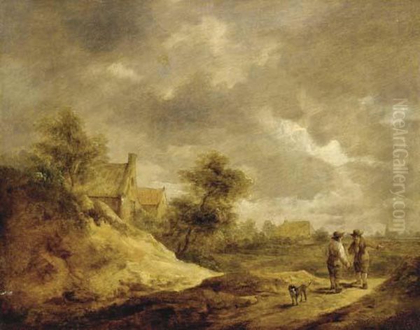 Two Peasants And A Dog In A Dune Landscape Oil Painting by David The Younger Teniers