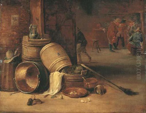 An Interior Scene With Pots, 
Barrels, Baskets, Onions And Cabbageswith Boors Carousing In The 
Background Oil Painting by David The Younger Teniers