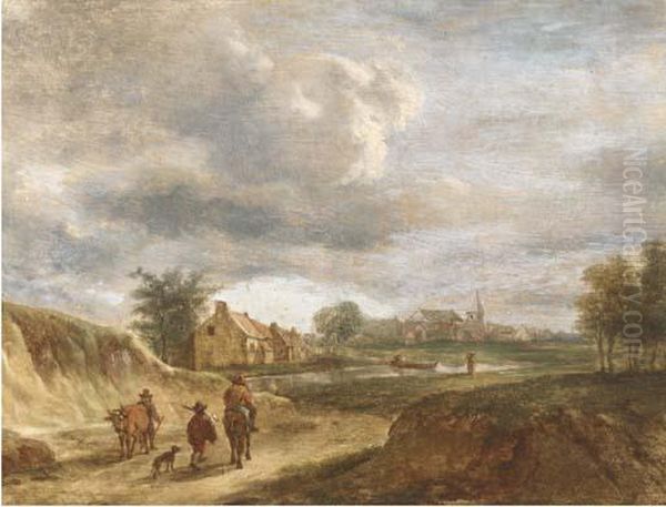 A River Landscape With Travellers On A Track, A Town Beyond Oil Painting by David The Younger Teniers