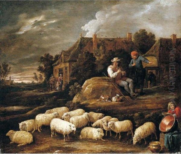 A Shepherd Tending His Sheep And
 Conversing With A Traveller At The Edge Of A Village, A Boy Collecting 
Water In The Foreground Oil Painting by David The Younger Teniers