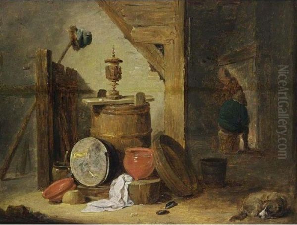 An Interior Of An Inn With A Dog
 And Kitchen Utensils In The Foreground, Two Figures Near A Fireplace 
Beyond Oil Painting by David The Younger Teniers