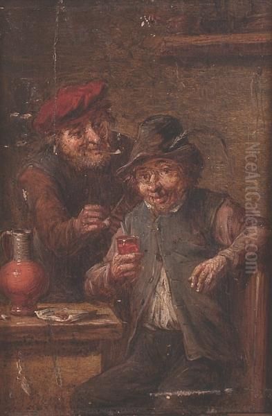 Two Peasants Smoking And Drinking In A Tavern Oil Painting by David The Younger Teniers