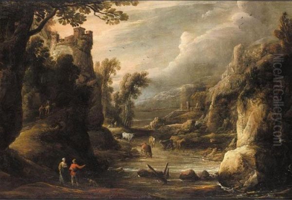 A River Landscape With A Drovers And Cattle Oil Painting by David The Younger Teniers