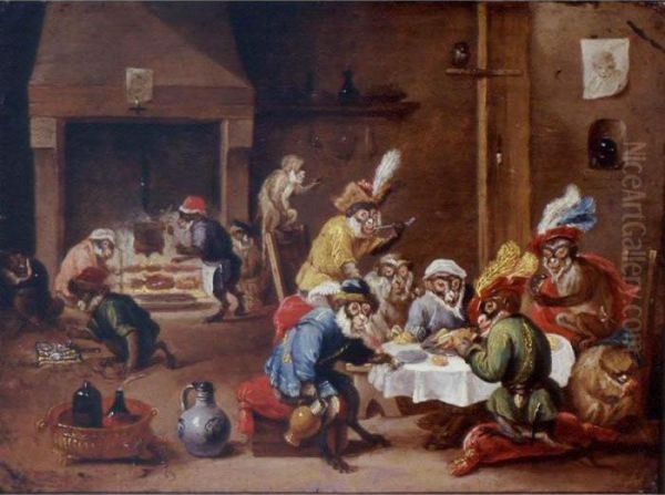 Interior With Monkeys Seated 
Around A Table Eating And Drinking, Others In The Background Preparing 
Food Oil Painting by David The Younger Teniers