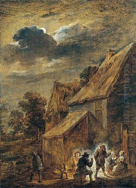 Peasants Outside An Inn By Moonlight Oil Painting by David The Younger Teniers