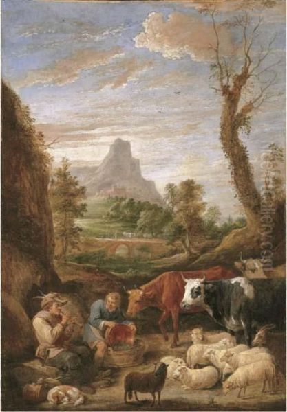 A Pastoral Landscape With A Shepherd Playing A Pipe With Cattle And Sheep Oil Painting by David The Younger Teniers