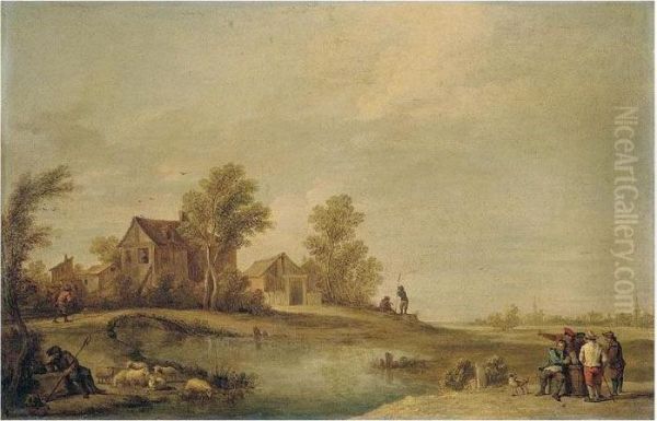 A Landscape With A Herdsman 
Resting With His Flock By A River, Peasants Drinking On The Opposite 
Bank, And A Peasant Crossing A Bridge Towards A Village Beyond Oil Painting by David The Younger Teniers