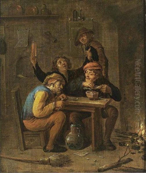 Peasants Smoking And Drinking Near A Fireplace Oil Painting by David The Younger Teniers