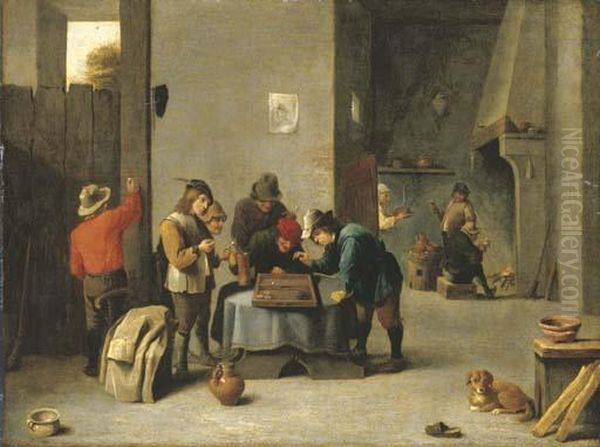 Peasants Playing Backgammon Oil Painting by David The Younger Teniers