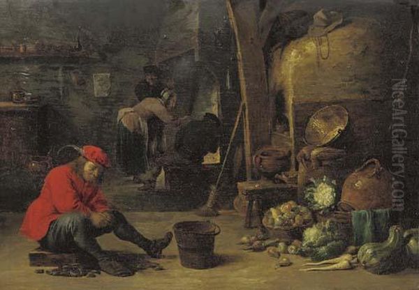 A Kitchen Interior With A Man Shucking Mussels, And Figures Around A Fire Oil Painting by David The Younger Teniers