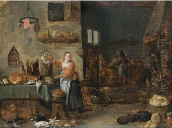 A Kitchen Interior With A Maid 
Holding A Basket Near A Table Laid With Poultry And Pastries Oil Painting by David The Younger Teniers