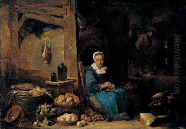 A Kitchen Interior With A Woman Peeling Onions Oil Painting by David The Younger Teniers