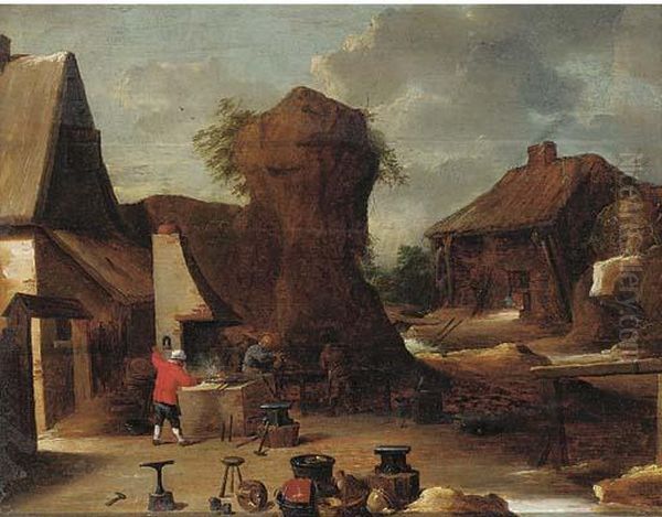 A Village Blacksmith Oil Painting by David The Younger Teniers