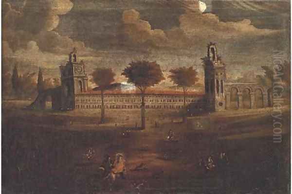 A capriccio of a palace, possibly intended to represent the Escorial, near Madrid Oil Painting by Spanish School