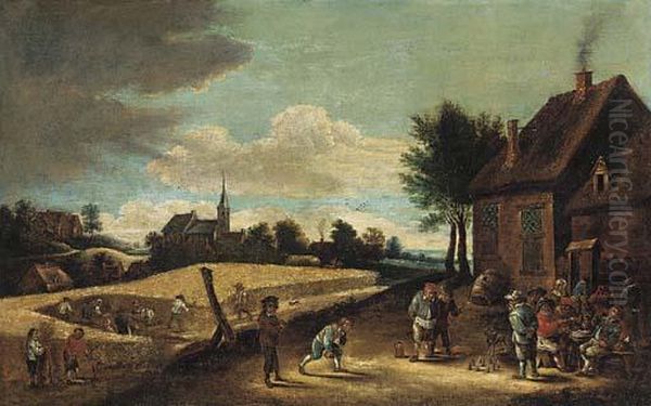 Peasants Playing Skittles Outside An Inn With Farmhands Harvestingin A Nearby Field Oil Painting by David The Younger Teniers