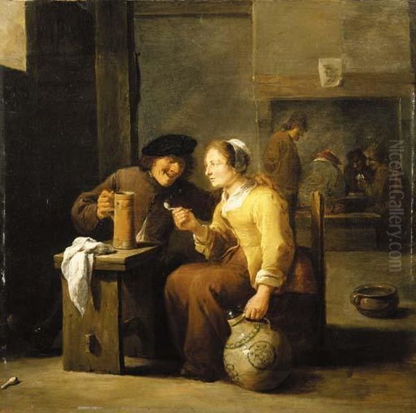 Peasants Smoking And Drinking In A Tavern Oil Painting by David The Younger Teniers