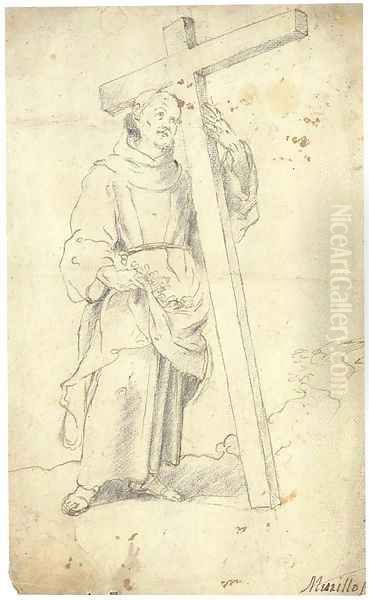 A monk supporting a cross carrying flowers in the fold of his cassock Oil Painting by Spanish School