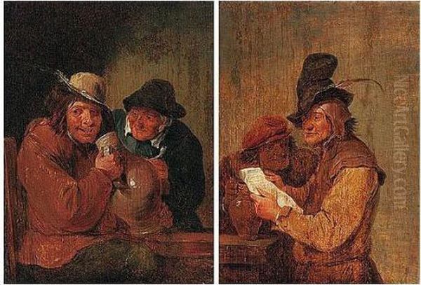 Two Boors Drinking And Reading A Letter At A Table Oil Painting by David The Younger Teniers