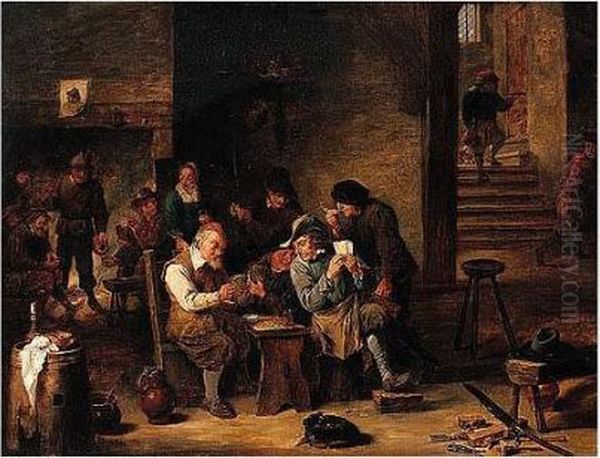 A Tavern Interior With Peasants Playing Cards Oil Painting by David The Younger Teniers