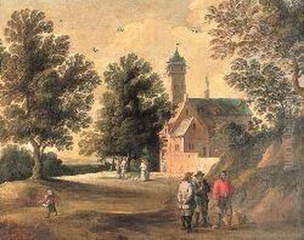 A Wooded Landscape With Figures Talking Outside A Building Oil Painting by David The Younger Teniers