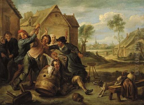 Boors Fighting Over Cards By An Inn Oil Painting by David The Younger Teniers