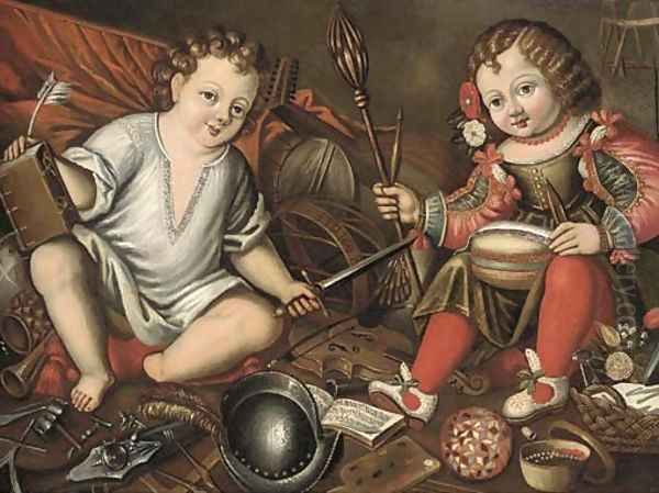 An Allegory of Male and Female, two children seated in an interior with masculine and feminine symbols Oil Painting by Spanish School