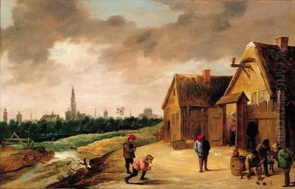 Peasants Playing Skittles Beside A Stream Outside An Inn, A View Of Antwerp Beyond Oil Painting by David The Younger Teniers