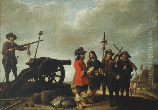 A Prisoner Brought Before An Officer, A Fortress Beyond Oil Painting by David The Younger Teniers