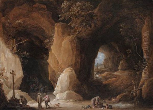 Hermits At A Grotto With Travellers Oil Painting by David The Younger Teniers