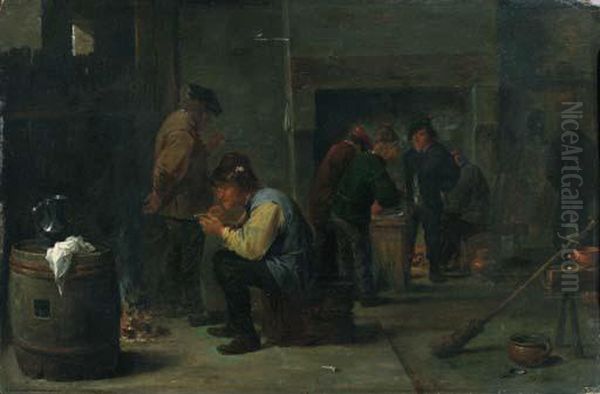 Peasants Smoking Others Standing By A Fireplace Beyond Oil Painting by David The Younger Teniers