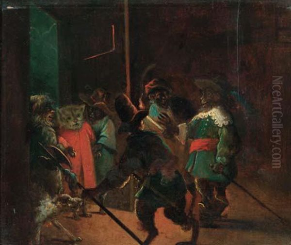 A Singerie: Monkeys Dressed As Soldiers Arresting A Cat Oil Painting by David The Younger Teniers