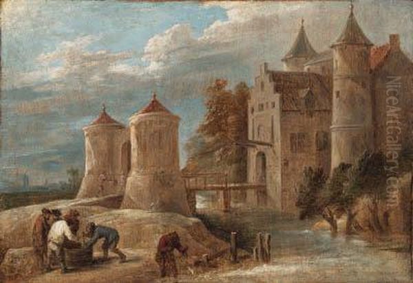 A Landscape With Fishermen Before A Castle With A Drawbridge
Signed With Monogram 'dt.f.' Oil Painting by David The Younger Teniers