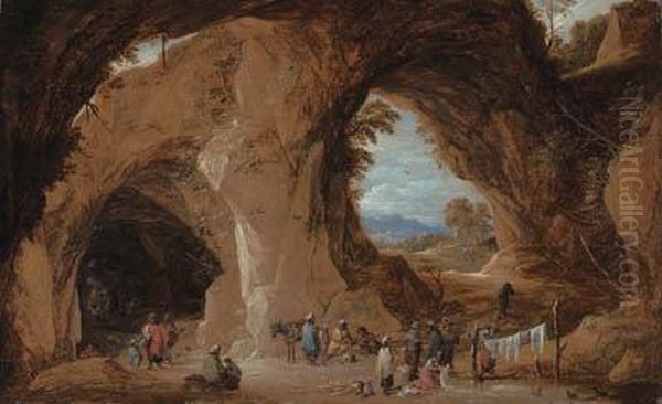 Gypsies At A Grotto With A Traveller Having His Fortune Told Oil Painting by David The Younger Teniers