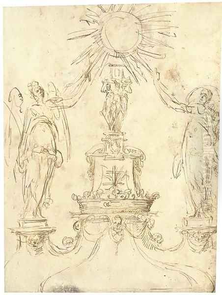 Design for a monstrance with two angels flanking a central column bearing a coronet and a Cross of Lorraine Oil Painting by Spanish School