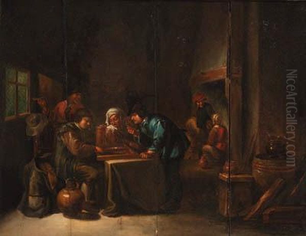 Peasants Playing Backgammon In An Interior Oil Painting by David The Younger Teniers