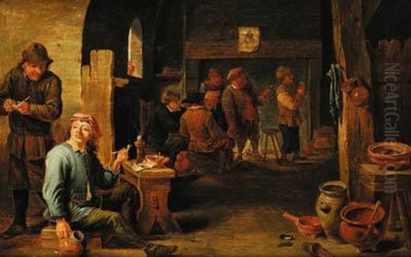 Figures In A Tavern Interior Oil Painting by David The Younger Teniers