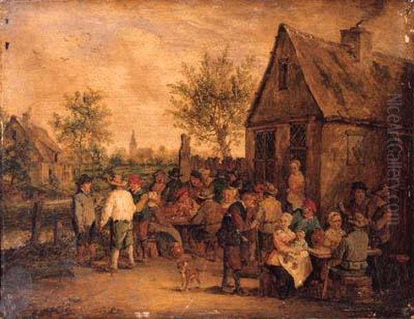 Boors Smoking, Drinking And Playing At Cards Outside An Inn Oil Painting by David The Younger Teniers