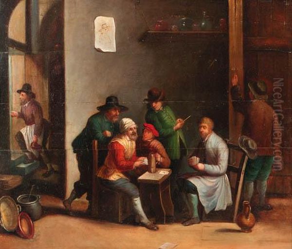 Boors Playing At Cards In An Inn Oil Painting by David The Younger Teniers