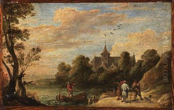 A Landscape With Peasants By A Landing Stage And A Man In A Boat, Achurch Beyond Oil Painting by David The Younger Teniers