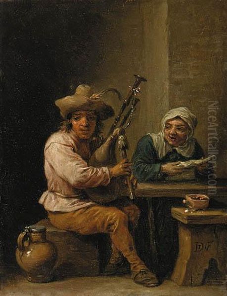 A Bagpipe Player With A Lady Reading A Letter In An Interior Oil Painting by David The Younger Teniers