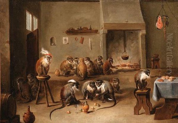 A Singerie: Monkeys Drinking And Eating In A Tavern Interior Oil Painting by David The Younger Teniers