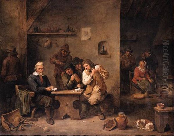 A Boor Showing His Cards To His 
Opponent With Onlookers In Atavern, A Maid Frying Pancakes Beyond Oil Painting by David The Younger Teniers