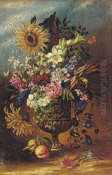 Mixed flowers in an urn by a lizard Oil Painting by Spanish School