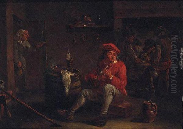 A Man Smoking A Pipe In An Inn With Card Players Beyond Oil Painting by David The Younger Teniers