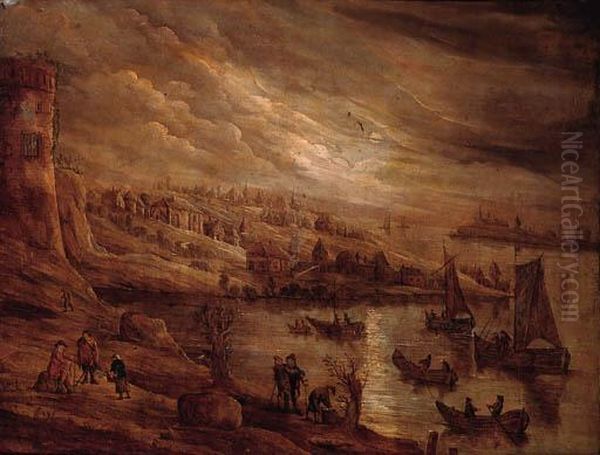 An Extensive River Landscape With Anglers On A Track, A Villagebeyond Oil Painting by David The Younger Teniers